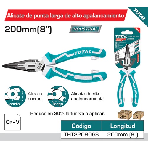 Alicate de puntas largas 8&quot;/200mm. De alto apalancamiento. Reduce en 30% la fuerza a aplicar. Cr-V.