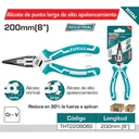 Alicate de puntas largas 8"/200mm. De alto apalancamiento. Reduce en 30% la fuerza a aplicar. Cr-V.