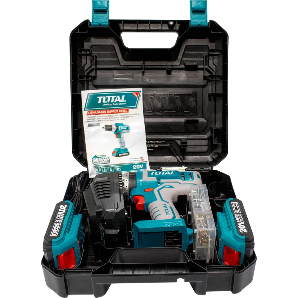 Taladro inalambrico de 1/2" 20V Funcion de impacto velocidad0-450/0-1900/min. Torque max 45NM. Incluye 2 baterias 20V y cargador