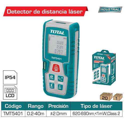 Medidor de laser rango de 0.05 -60 mts. Exactitud ±2.0mm. 620~690nm, <1mW IP54. baterías. AAA 2x1.5V.