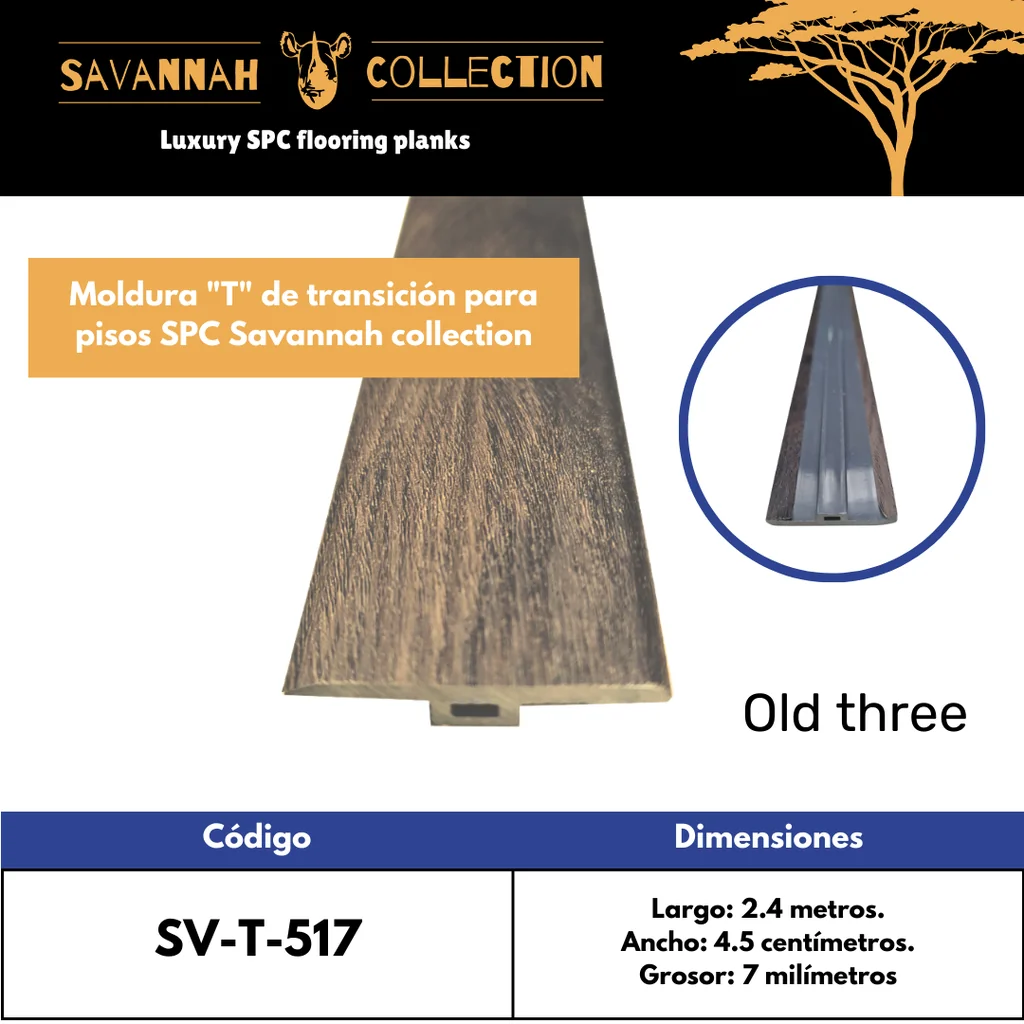 Moldura "T" transición - PVC - Para SPC click - Savannah collection - 2400*45*7 mm