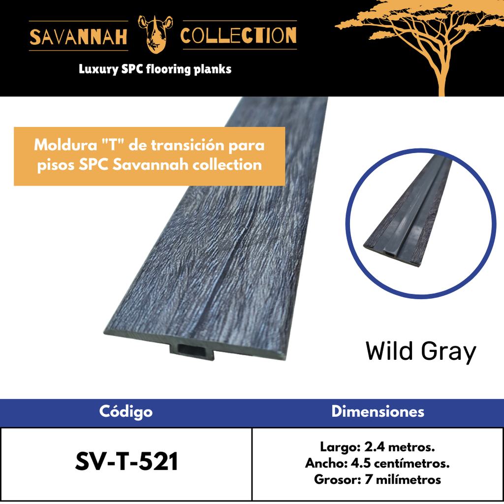 Moldura "T" transición - PVC - Para SPC click - Savannah collection - 2400*45*7 mm