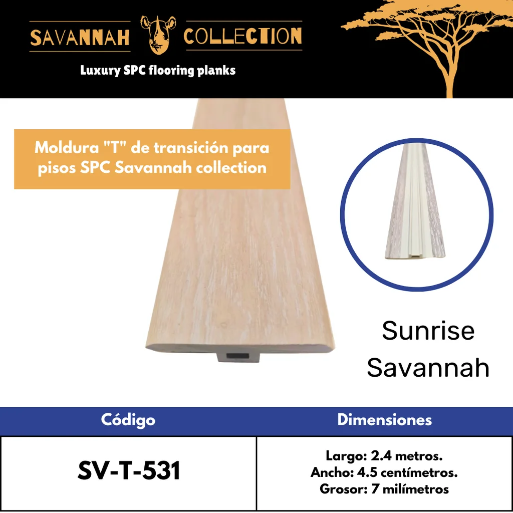Moldura "T" transición - PVC - Para SPC click - Savannah collection - 2400*45*7 mm
