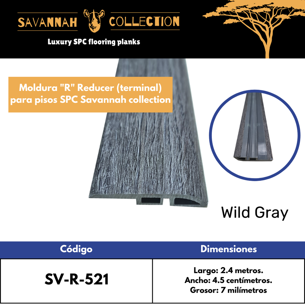 Moldura "R" reductor - Reducer - PVC - para SPC click - Savannah collection - 2400*45*7 mm