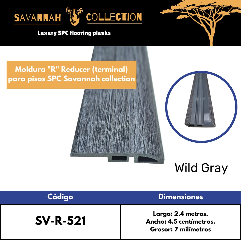 Moldura &quot;R&quot; reductor - Reducer - PVC - para SPC click - Savannah collection - 2400*45*7 mm