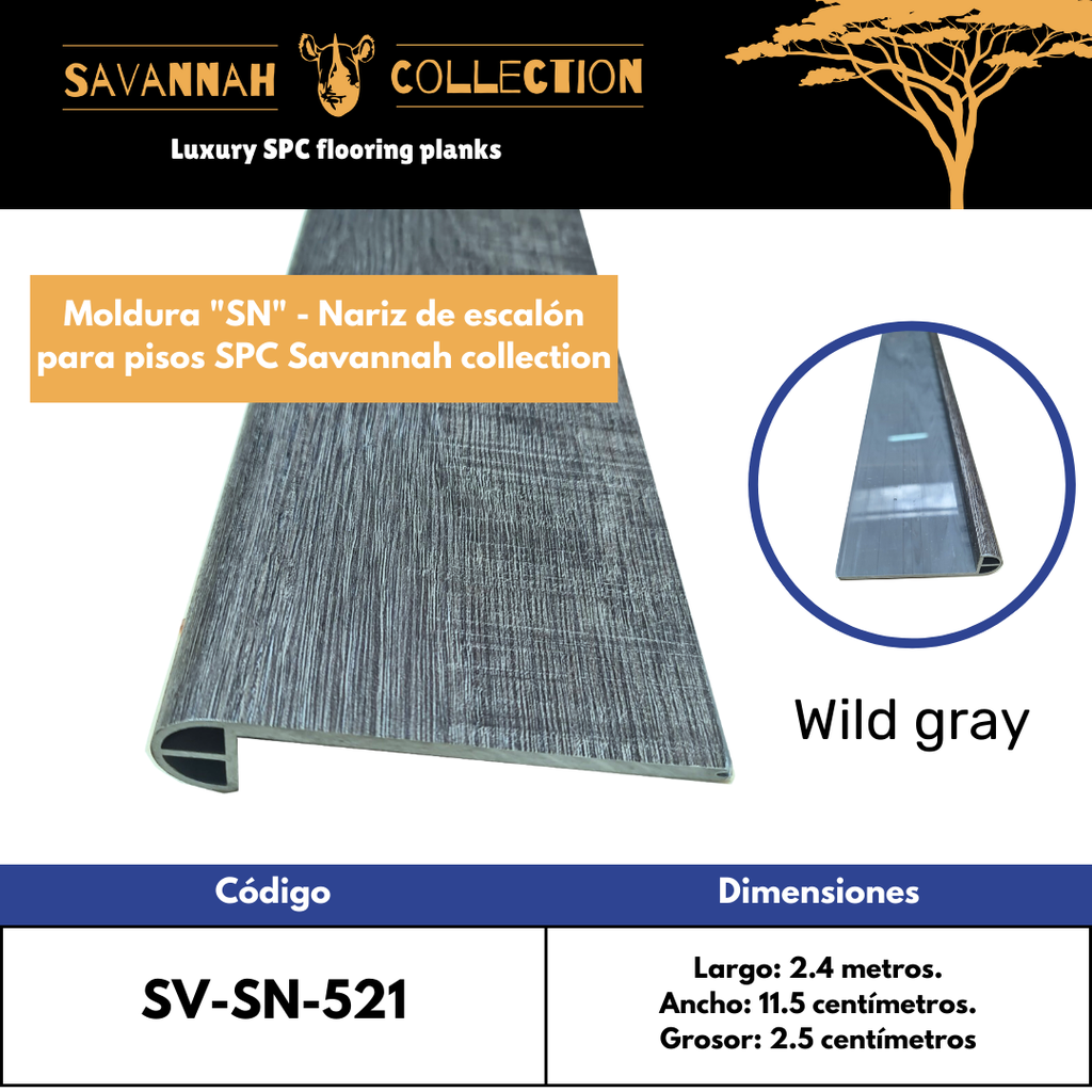 Moldura &quot;SN&quot; nariz de escalón - Stair nose - PVC - para SPC click - Savannah collection - 2400*115*25 mm