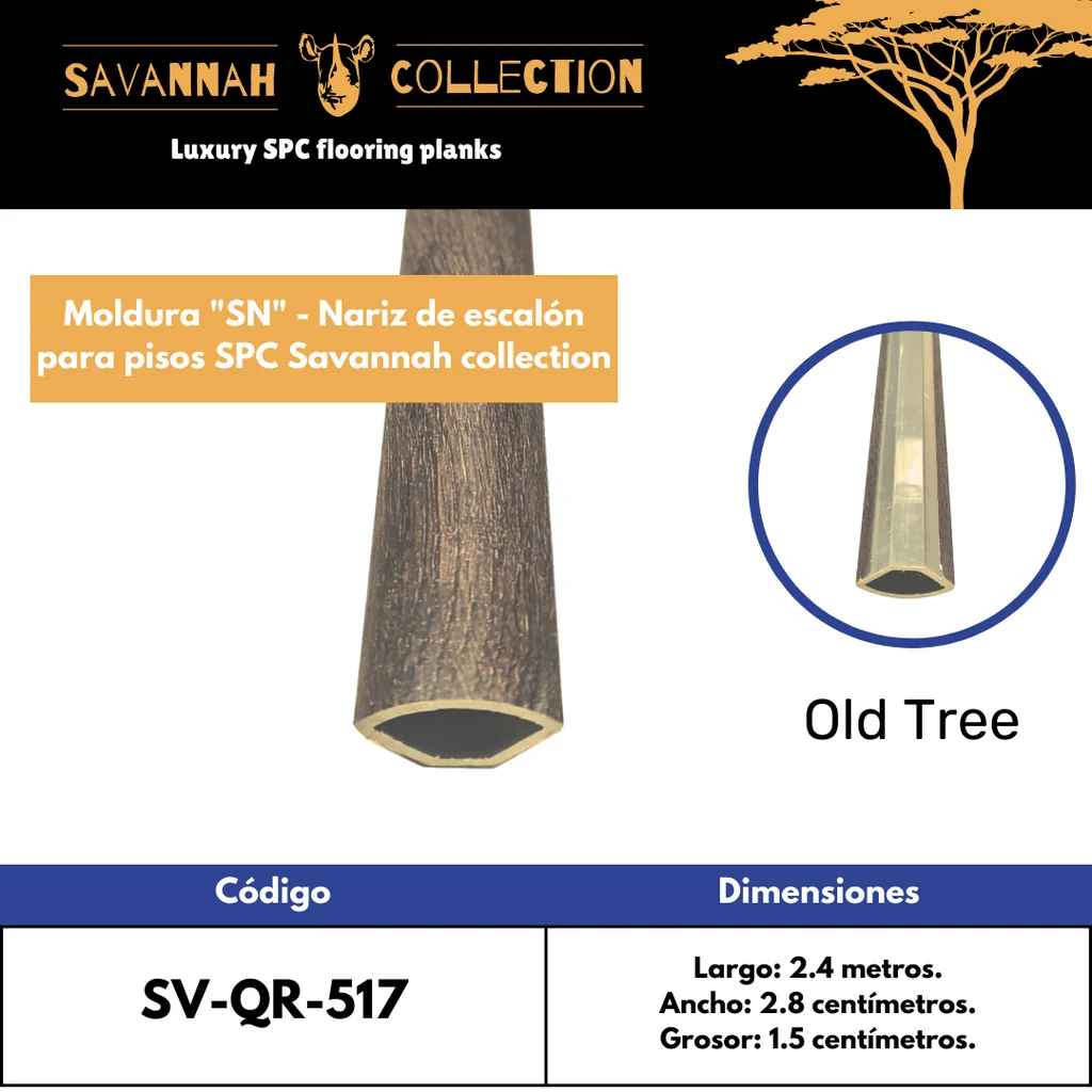 Moldura "QR" cuarto redondo - Quarter round - PVC - para SPC click - Savannah collection - 2400*28*15 mm