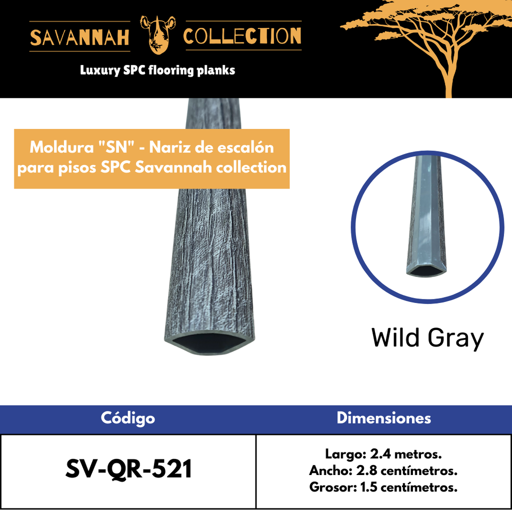 Moldura "QR" cuarto redondo - Quarter round - PVC - para SPC click - Savannah collection - 2400*28*15 mm