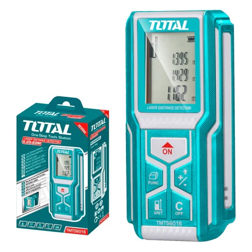 Medidor de laser rango de 0.05 -60 mts. Exactitud ±2.0mm. 620~690nm, <1mW IP54. baterías. AAA 2x1.5V.