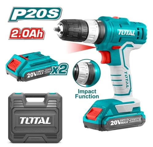 Drill inalambrico Percutor 20 V de 3/8" 45 Nm 0-400/0 -1500/min. Trae 2 baterias, 1 cargador inteligente. 110-120 V ~ 50/60 Hz. Luz de trabajo integrada. Indicador LED de bateria. Trae 1 broca para destornillador. Trae 3 brocas para mamposteria