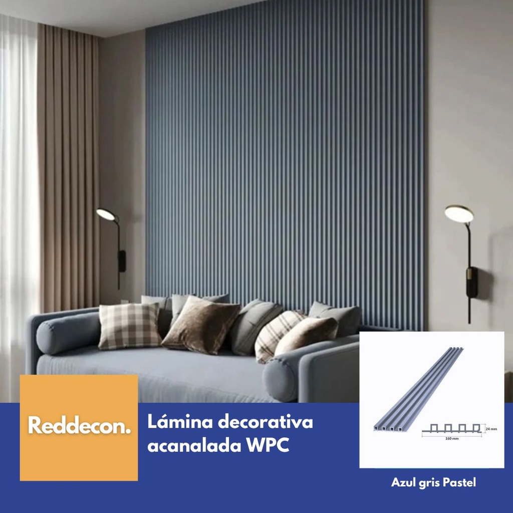 Lámina Acanalada Decorativa - WPC - Azul Gris Pastel - 24*160*2900 mm