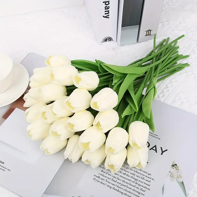 Flor artificial - Tulipán - Blanca - Tacto Realista - Para Arreglos Florales en Casa, Centros de Mesa y Decoraciones de Jarrón, Ramos de Regalo para Bodas - Por unidad