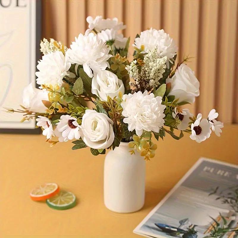 Flor artificial - Rosas y Crisantemos - Blanca - Tacto Realista - Para Arreglos Florales en Casa, Centros de Mesa y Decoraciones de Jarrón, Ramos de Regalo para Bodas - 1 Manojo