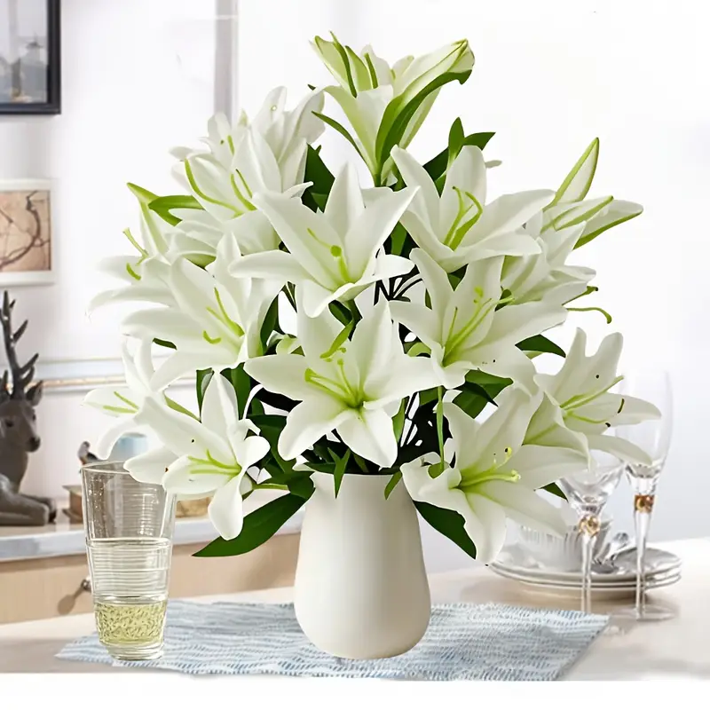 Flor artificial - Lirio - Blanco - Tacto Realista - Para Arreglos Florales en Casa, Centros de Mesa y Decoraciones de Jarrón, Ramos de Regalo para Bodas - 1 Ramo de 18 Tallos