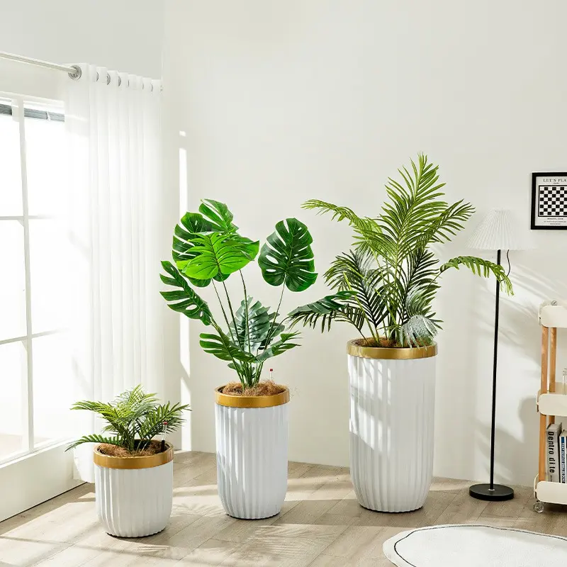 Macetero - Grande - Cilíndrico - Con Textura - 43*79cm - Blanco con Aro Dorado