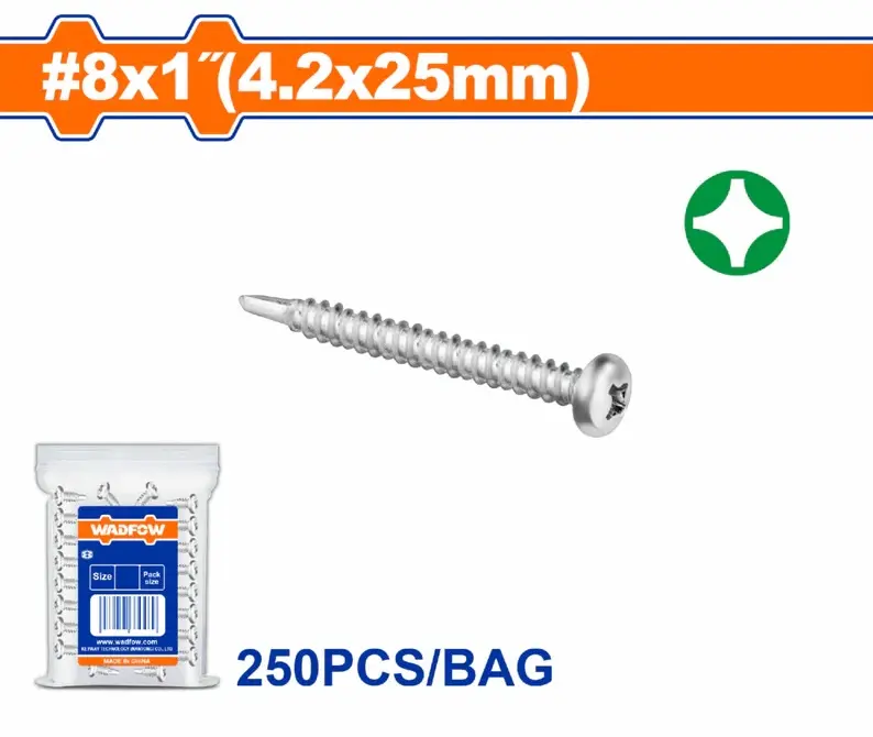 Tornillos Punta Broca #8 x 1" Phillips - Cabeza Redonda - Acabado Zinc - Para perforar - 250 pcs