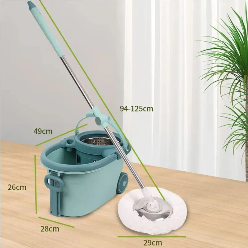 Trapeador Giratorio Spin Mop 360° con Cubo Escurridor de Acero Inoxidable - Mango Ajustable 94 a 125 cm - Color Verde