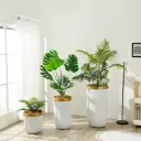 Macetero - Grande - Cilíndrico - Con Textura - 43*79cm - Blanco con Aro Dorado